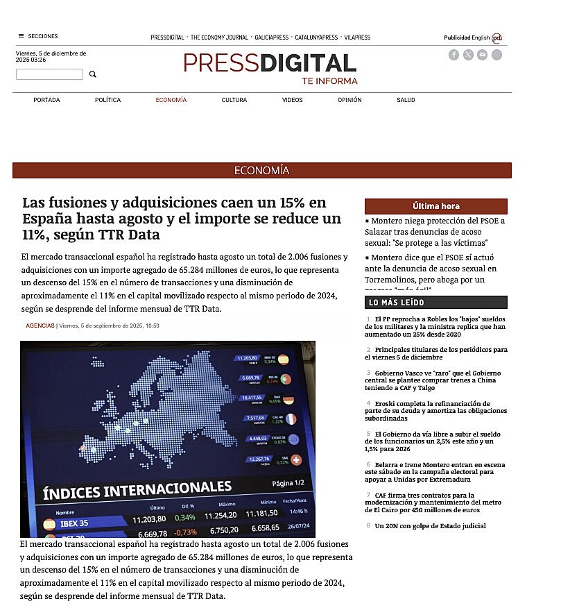 Las fusiones y adquisiciones caen un 15% en Espaa hasta agosto y el importe se reduce un 11%, segn TTR Data